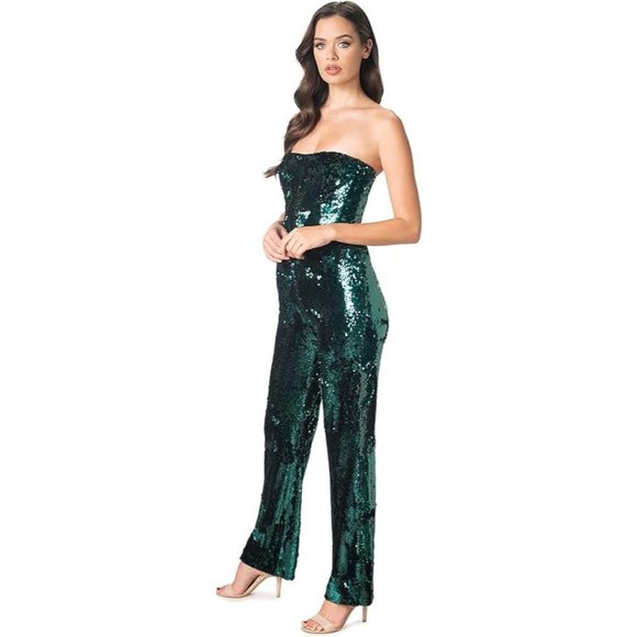 DRESS THE POPULATION Andy Sequin Strapless Jumpsuit in Deep Emerald Size Medium - Picture 13 of 13
